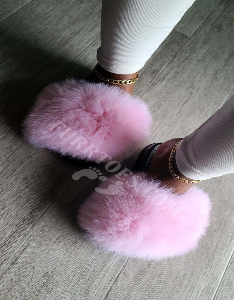 Pink Fox Fur Slides