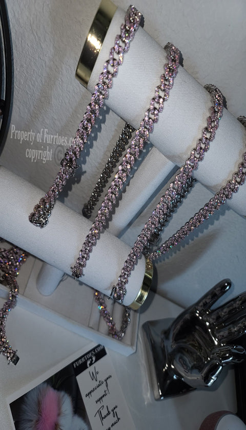 Dainty Silver Cuban Necklace With Pink CZ Diamonds