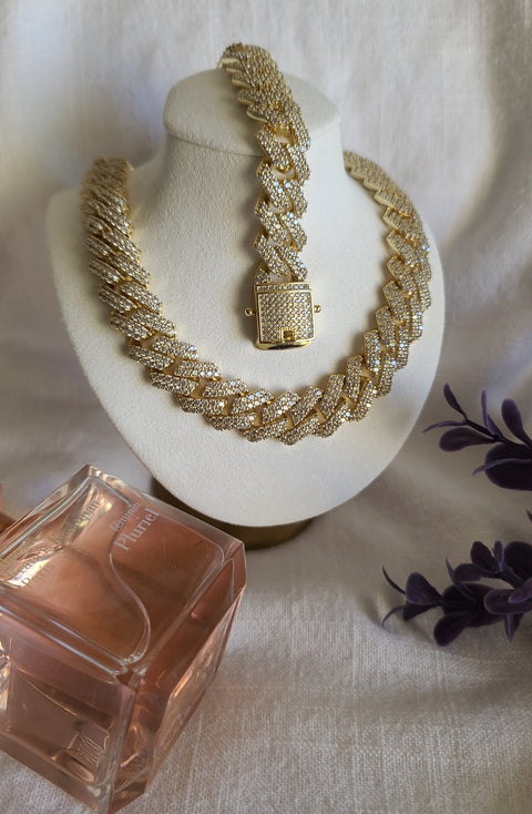 Gold Cuban Iced Out Set - Necklace & Bracelet